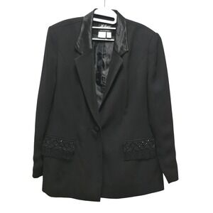 Milano Black Beaded Fringe Pocket Blazer Satin Lapel Events Womens Sz 18 FLAW